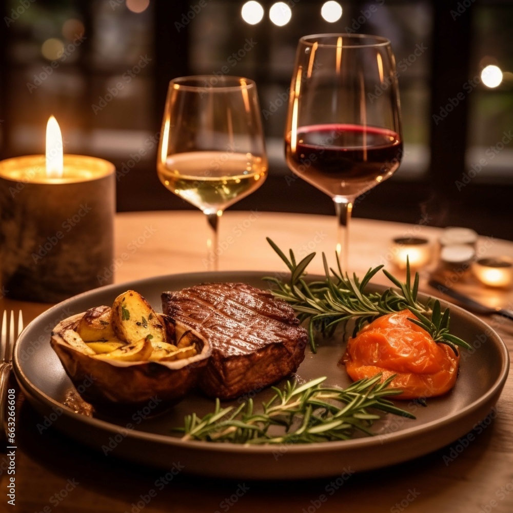 Grilled steak with rosemary and a glass of wine on a wooden table Grilled steak with rosemary and a glass of wine on a wooden table