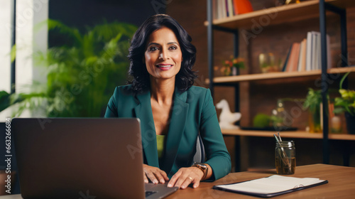 Indian business woman sitting in office using laptop with smiling face