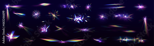 Set Rainbow crystal light leak flare reflection effect. Holographic falling confetti glitters isolated on transparent background. Vector illustration. © ikril