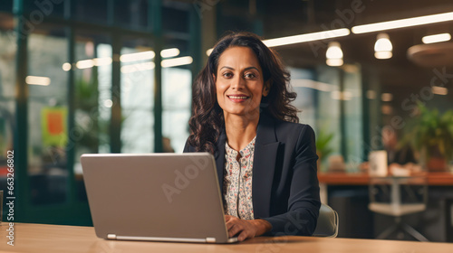 Indian business woman sitting in office using laptop with smiling face