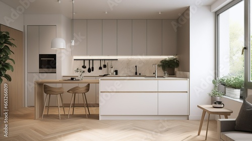 Minimalist and Scandinavian style kitchen interior with a warm vibe 