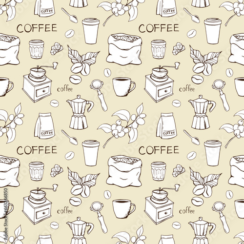 Hand drawn coffee vector pattern. Seamless fabric coffee pattern. Coffee. Cafe. Menu. Tablecloth. Glass. Cappuccino. Morning. Latte Coffee beans.