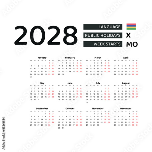 Calendar 2028 English language with Mauritius public holidays. Week starts from Monday. Graphic design vector illustration.