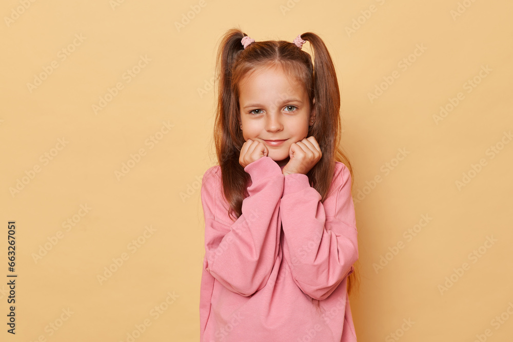 Cute charming smiling little girl with ponytails wearing pink sweatshirt posing isolated over beige background keeps hands under chin expressing positive emotions. Cute charming smiling little girl with ponytails wearing pink sweatshirt posing isolated over beige background keeps hands under chin expressing positive emotions.