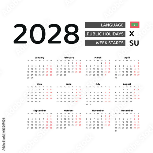 Calendar 2028 English language with Maldives public holidays. Week starts from Sunday. Graphic design vector illustration.