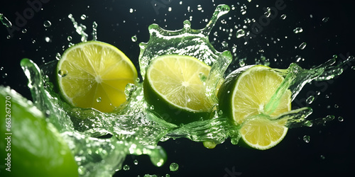 lime and water ,Half of lime on white falling into water with splash ,Lime and lime slices falling into a water splash ,Refreshing green lime in water isolated over green background  generative ai


 photo