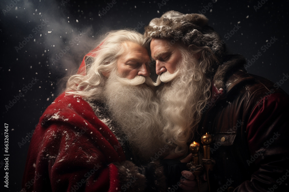 two Santa Clauses kissing