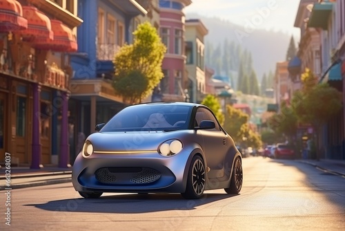 Small Compact Electric Car Navigating City Streets Created with Generative AI © dendyh7