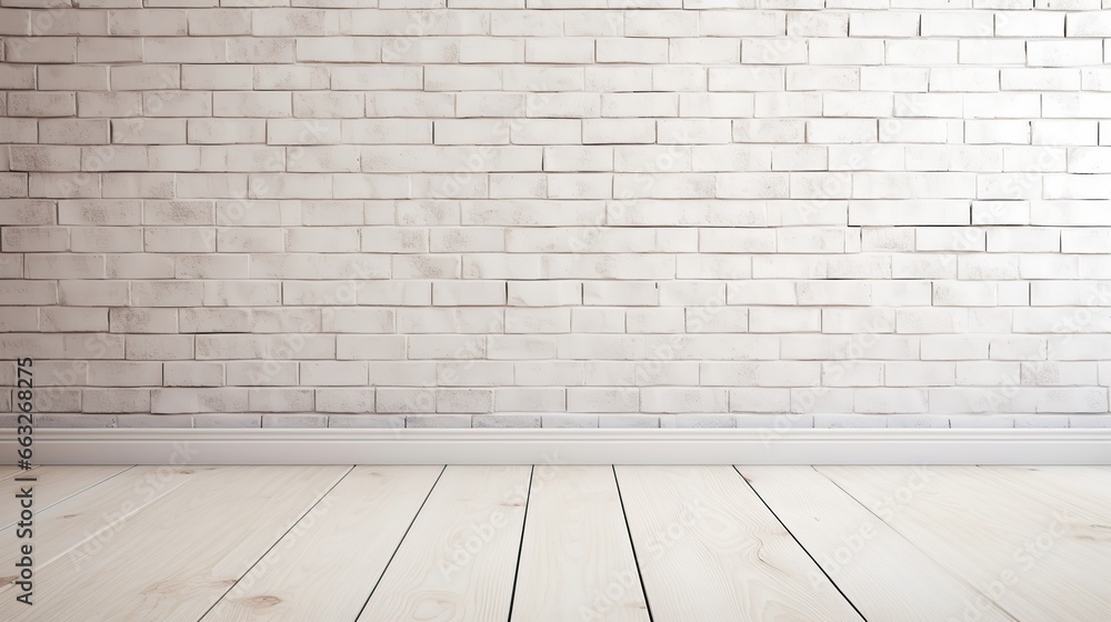 Brick wall with wooden floor background. AI generated image