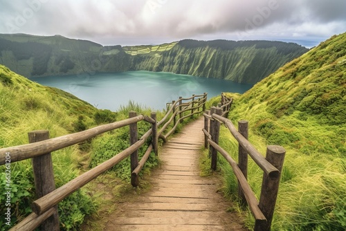 Ponta Delgada, Sao Miguel Island, Azores, Portugal - mountainous landscape, hiking trail, beautiful lake view. Generative AI