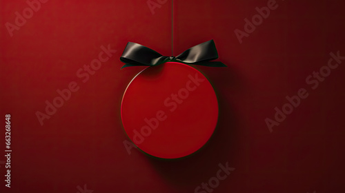 Red Blank hanging round sign with black ribbon on red background conceptual 3D Christmas decorations rendering