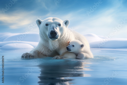 family polar bear mom and cub on ice  mother and child love