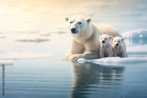 family polar bear mom and cub on ice  mother and child love