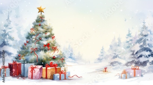 Christmas tree in winter landscape, invintation, website