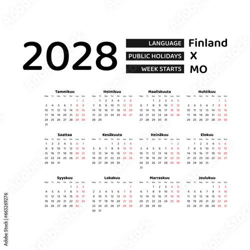 Calendar 2028 Finnish language with Finland public holidays. Week starts from Monday. Graphic design vector illustration.