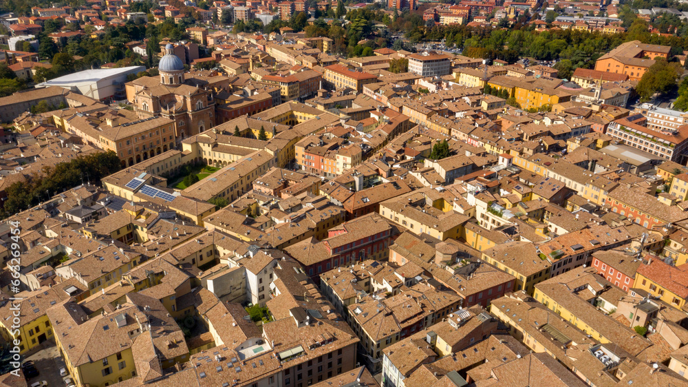 Fototapeta premium Aerial view of the temple of the Beata Vergine della Ghiara, also known as the basilica of the Madonna della Ghiara. This church is located in the historic center of Reggio Emilia, Italy.
