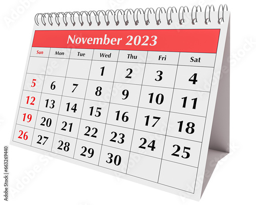 Page of the annual business desk monthly calendar isolated. Date - month November 2023. png transparent