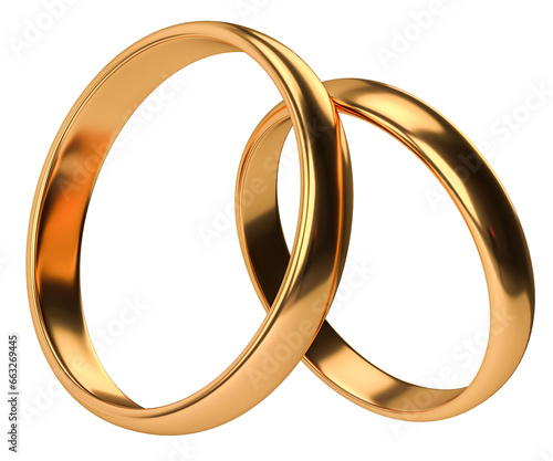 Illustration of two wedding gold rings isolated on png transparent background. Unity concepts