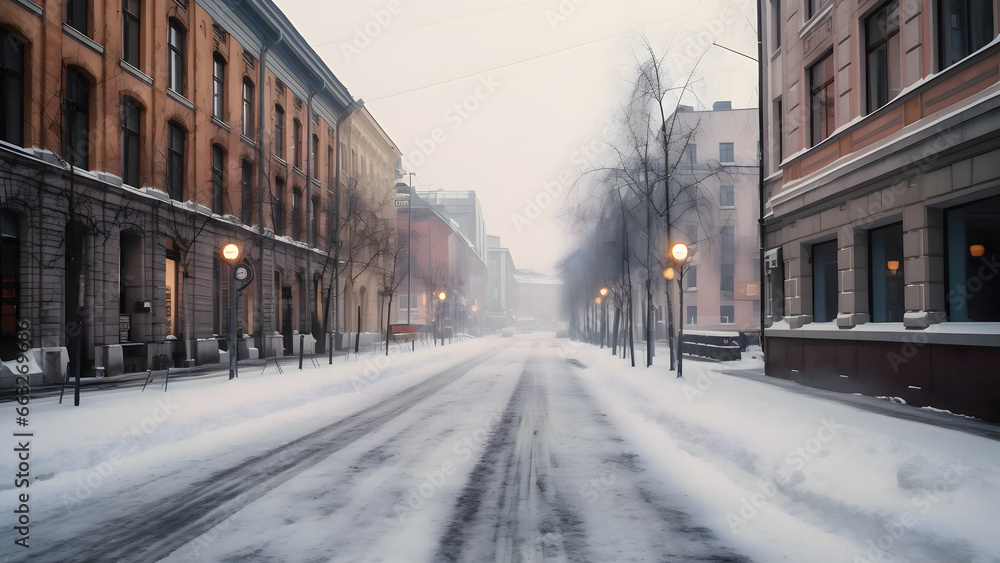 Winter, Snowy street in the city town. Winter slippery empty road Winter, Snowy street in the city town. Winter slippery empty road