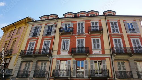 Fototapeta Naklejka Na Ścianę i Meble -  Colorful houses in the city centre of Alessandria in Italy, in the month of May