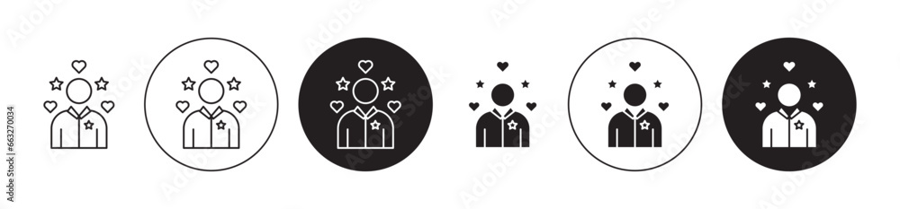 Influencer vector icon set in black filled and outlined style. Social media influence icon for ui designs.