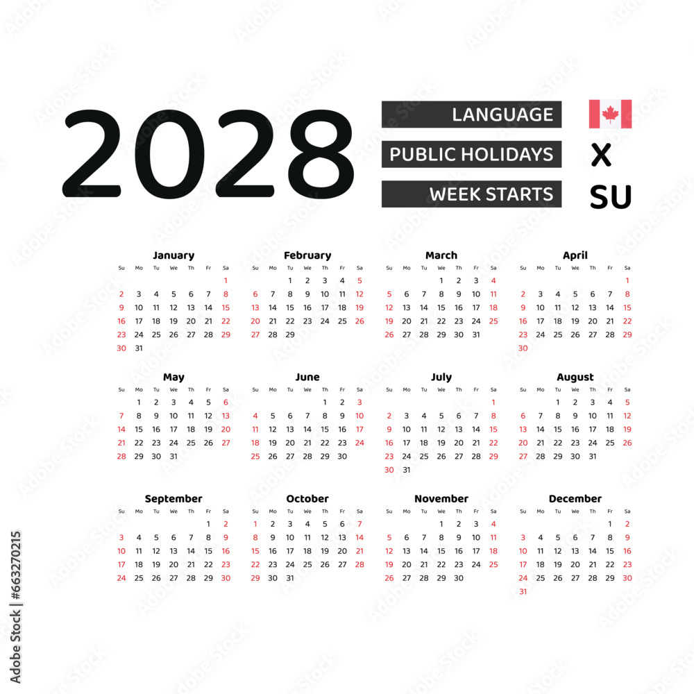 Calendar 2028 English language with Canada public holidays. Week starts from Sunday. Graphic design vector illustration.