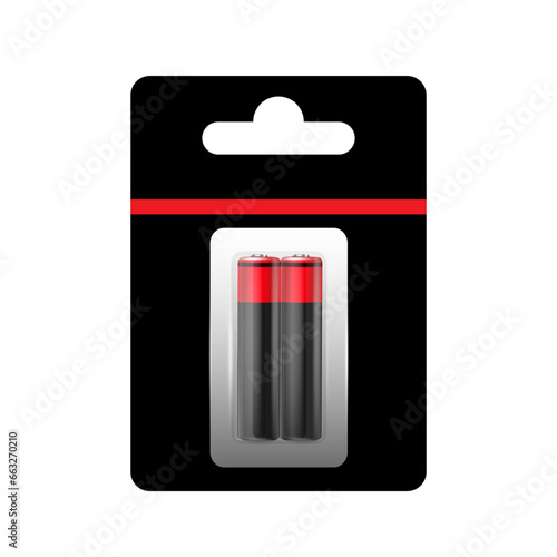 Alkaline Battery in Paper Blister and Battery Icon Set Closeup Isolated. AA Size. Design Template for Branding, Mockup.
