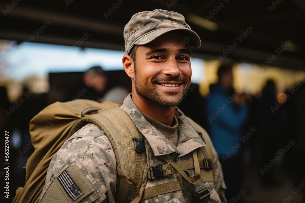 A joyful young soldier coming back home after serving in the army.