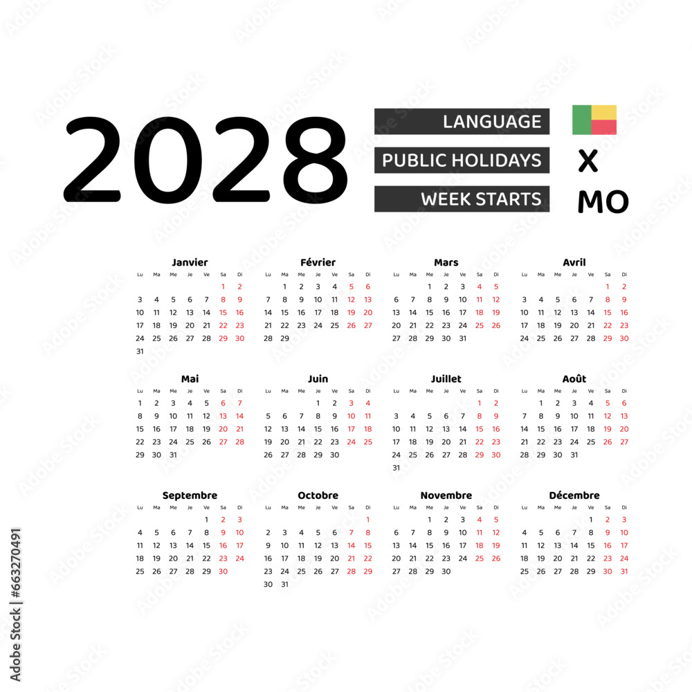 Calendar 2028 French language with Benin public holidays. Week starts from Monday. Graphic design vector illustration. Calendar 2028 French language with Benin public holidays. Week starts from Monday. Graphic design vector illustration.