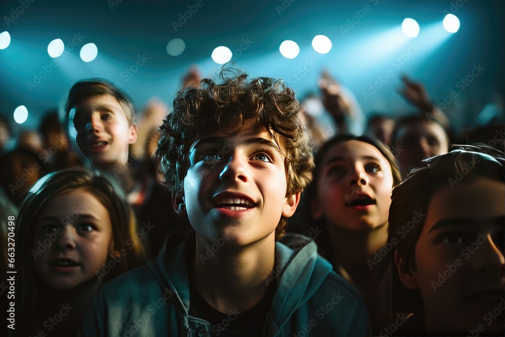 A music concert performance on a grand stage within a crowded stadium arena, with epic lighting effects. Enthusiastic boys, girls, and teenagers are captivated, looking up, and enjoying themselves.