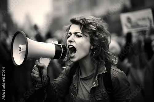 A black and white documentary photograph of a woman using a megaphone to shout during an environmental protest by workers in a large city.