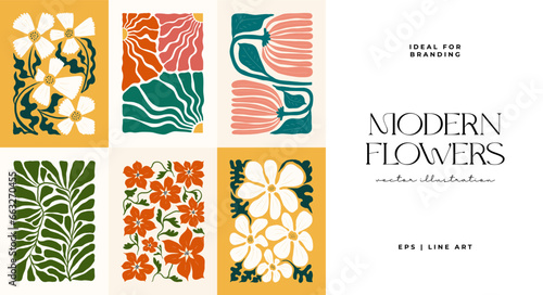 Floral abstract elements. Botanical composition. Modern trendy Matisse minimal style. Floral poster, invite. Vector arrangements for greeting card or invitation design