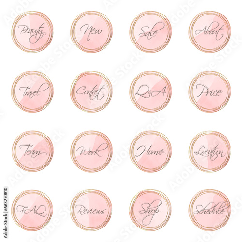 Highlights, cover icons. Set of website contact info icons. Vector illustration. Highlights stories, covers line words for business card. Social media.
