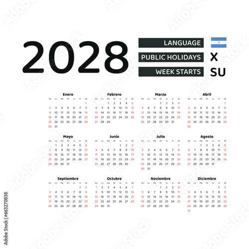 Calendar 2028 Spanish language with Nicaragua public holidays. Week starts from Sunday. Graphic design vector illustration.