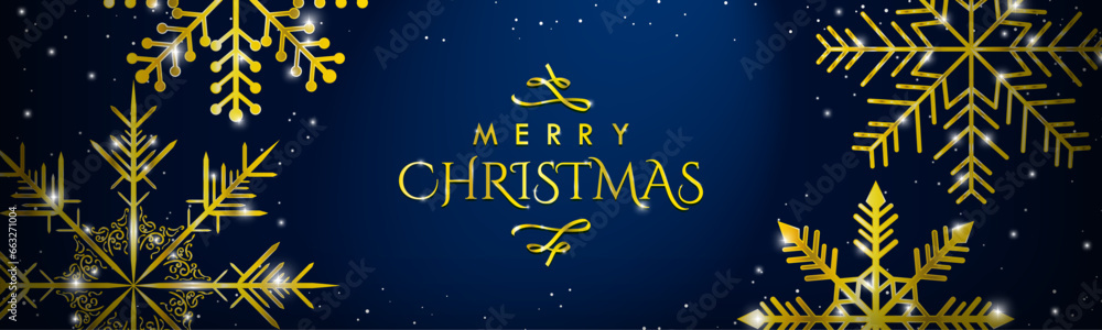 Merry Christmas Greeting Banner in gold and blue. Big glittering Gold Snowflakes and white snow patterns with Merry Christmas Typographic design. Vector Illustration.