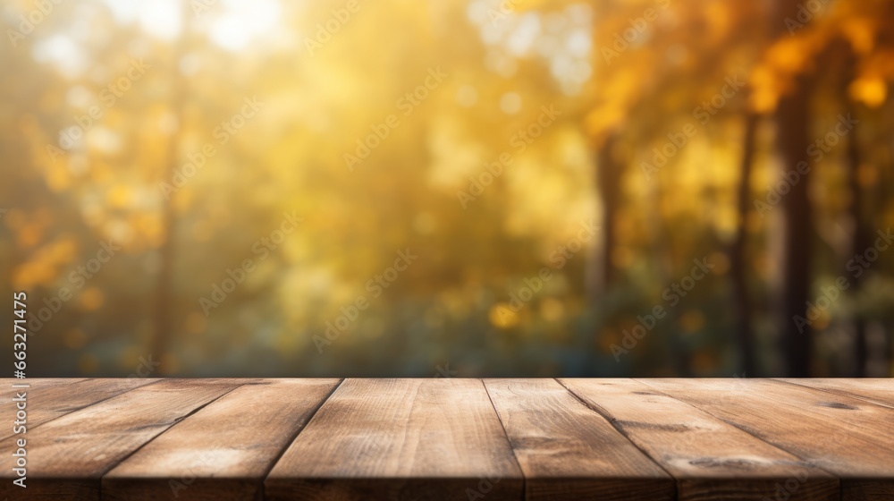 Fototapeta premium Empty rustic wooden table for product display with blur background of autumn forest. Generative AI