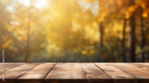 Empty rustic wooden table for product display with blur background of autumn forest. Generative AI