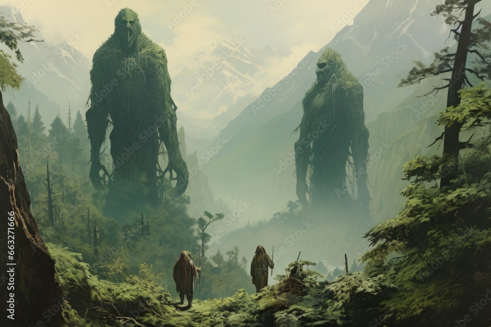 Gargantuan giants roaming the mountains - Generative AI - obrazy, fototapety, plakaty 