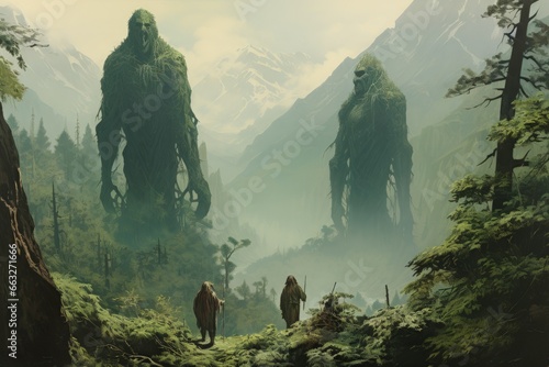 Gargantuan giants roaming the mountains - Generative AI photo