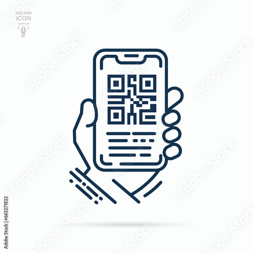 QR code smartphone scanner linear icon. Matrix barcode scanning mobile phone application. Vector illustration
