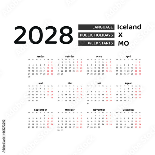 Calendar 2028 Icelandic language with Iceland public holidays. Week starts from Monday. Graphic design vector illustration.