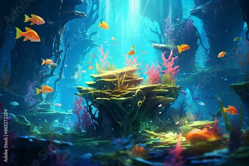 An enchanting underwater scene with vividly glowing fish in a mystical reef. Generative AI