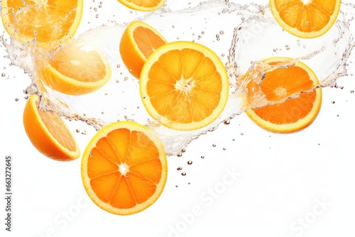 Bright orange half floating in water. Closeup view of juicy citrus fruit. Refreshing and healthy summer snack. Vitamin C rich orange for healthy diet.