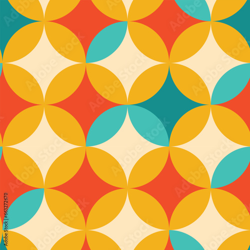 Set of colorful geometric and floral Vector Seamless Pattern. Retro 70s Style Nostaglic Fashion Textile. Summer Resort Prints. Vector trendy backgrounds in 70s style. Abstract modern geometric.