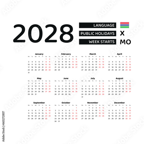 Calendar 2028 English language with Gambia public holidays. Week starts from Monday. Graphic design vector illustration.