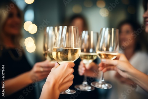 Closeup low angle view of group of unrecognizable people toasting with wine Birthday Celebratory Toast with String Lights and Champagne Silhouettes