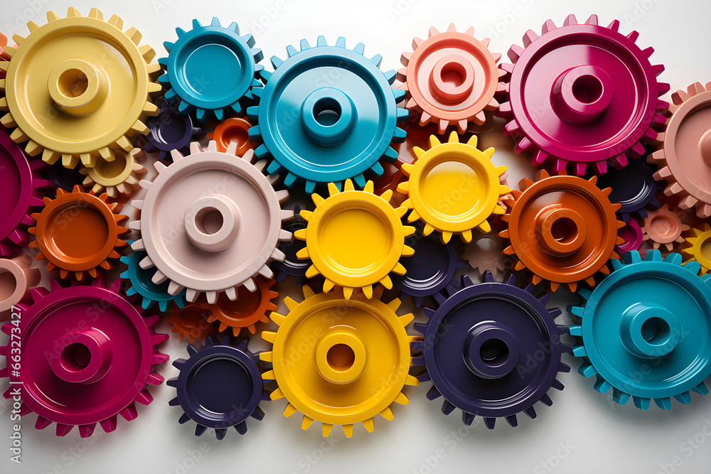 Plastic gears interlocked together, symbolizing teamwork, coordination, and synergy within a group or organization. Plastic gears interlocked together, symbolizing teamwork, coordination, and synergy within a group or organization.
