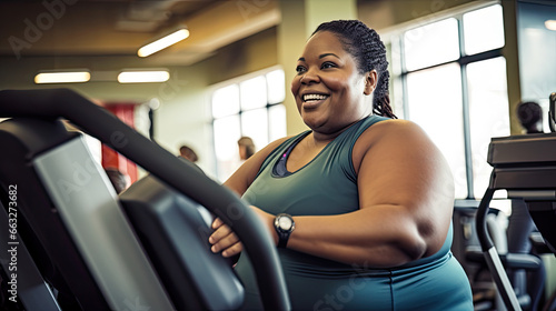 A plus-size model enthusiastically doing her endurance exercises at the fitness center