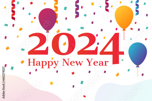 Celebrating new year 2024. Organization of the corporate. Balloons serpentine and confetti, christmas celebrations. Vector illustration flat design. Isolated on white background.