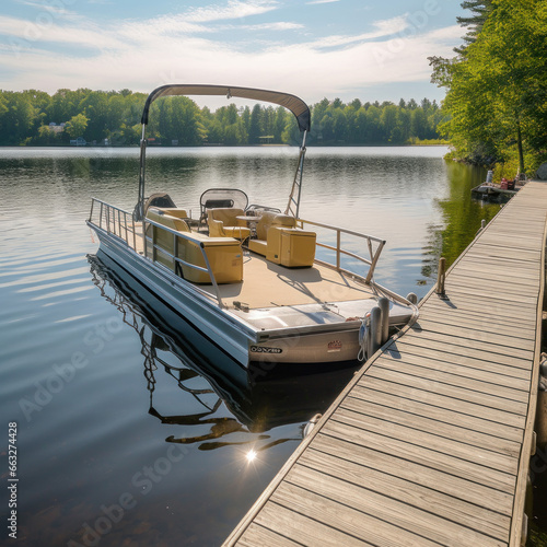 a pontoon boat near a dock-lake 
 photo
